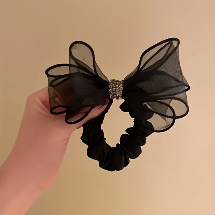 1pc Organza Rhinestone Bowknot Shape Hair Ring High Elastic Leather Band Elegant Trendy Head Rope Nylon Decorative Hair Accessories