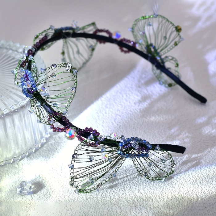 Elegant Butterfly Beaded Headband for Women and Girls - Iron Alloy Hairband with Crystal Embellishment, Cute Fashion Dress-Up Accessory, Single Piece Hairband with Color Matching Design - Ideal for Styling and Gifts