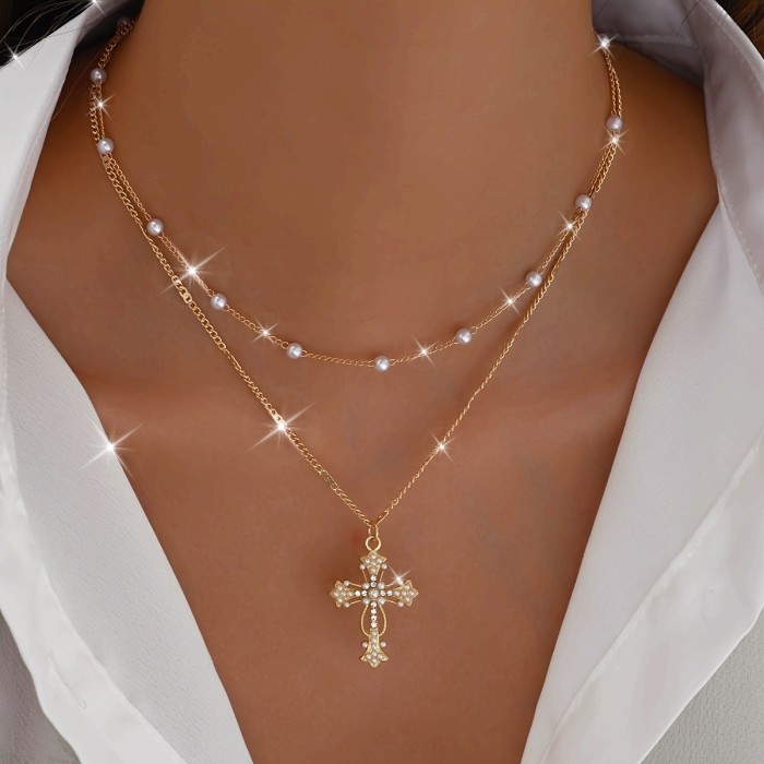 Elegant Multi-Layer Cross Pendant Necklace with Rhinestones - Zinc Alloy, Perfect for Everyday & Vacation Wear