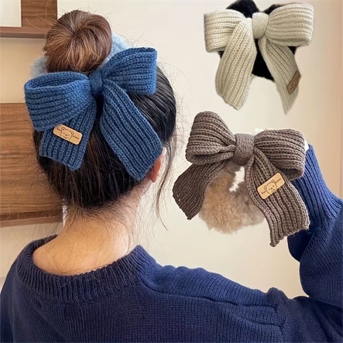 Elegant 3pcs Wool Bow Hair Ties Set - Cozy Knit, Solid Color Scrunchies For Women & Girls, Perfect Daily Accessory Or Gift