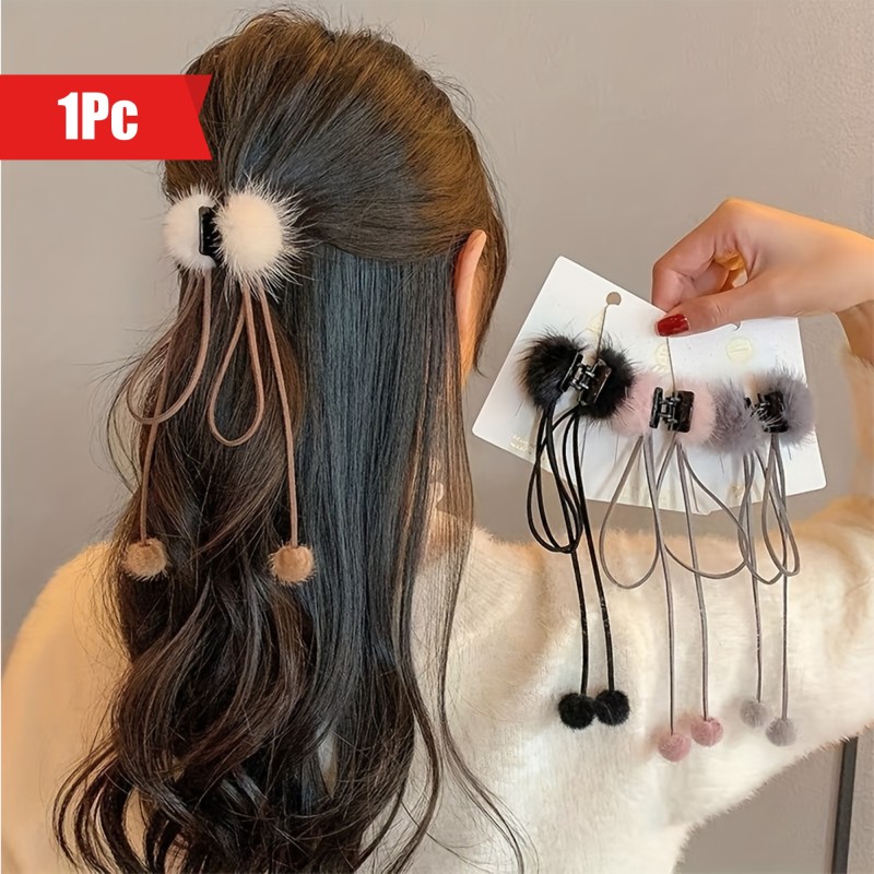 1pc Furry Ball Tassel Hair Claw Clip Black Bow Hair Jaw Clamp Non Slip Hair Clips Hair Grip Autumn Winter Hair Accessories For Women Female
