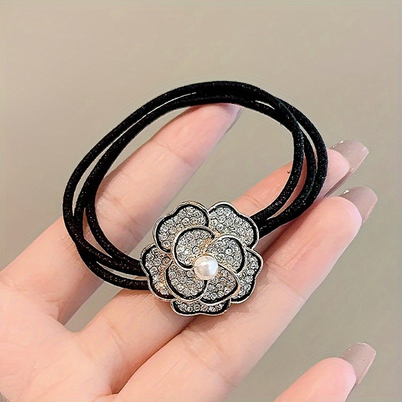 Elegant Flower Studded Pearl Hair Hoop For Women, Sparkling Hair Accessories For Ponytail, Braided Hairstyle, Alloy Hair Ring For Girls And Ladies