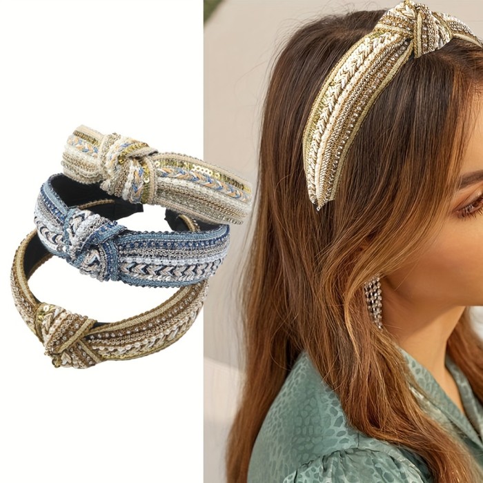1pc Boho Style Sparkling Rhinestone Decorative Head Band Faux Pearl Knotted Head Hoop Non Slip Head Band For Women And daily use