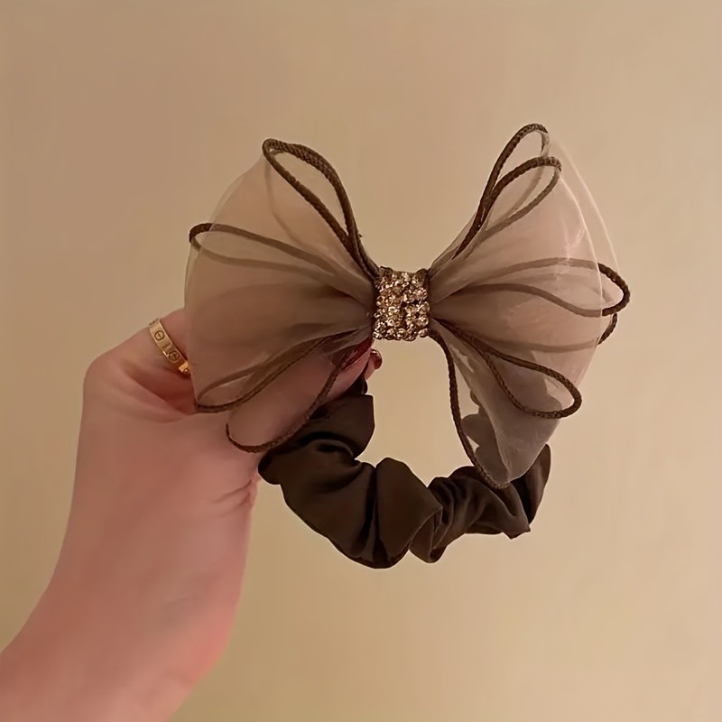 1pc Organza Rhinestone Bowknot Shape Hair Ring High Elastic Leather Band Elegant Trendy Head Rope Nylon Decorative Hair Accessories