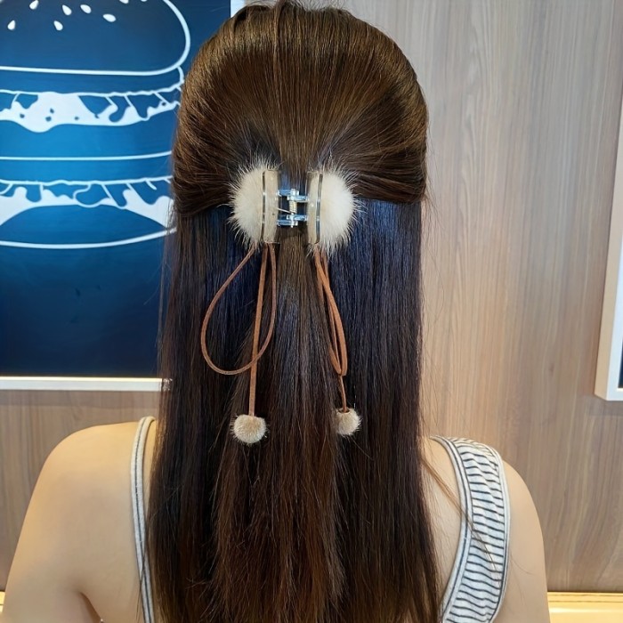 1pc Furry Ball Tassel Hair Claw Clip Black Bow Hair Jaw Clamp Non Slip Hair Clips Hair Grip Autumn Winter Hair Accessories For Women Female