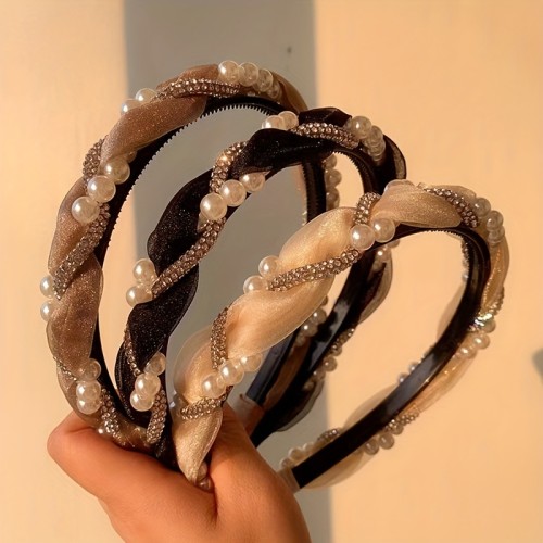 1pcs Elegant Faux Pearl Rhinestone Chain Twist Headband Sweet Mesh Hair Hoop Hair Accessories