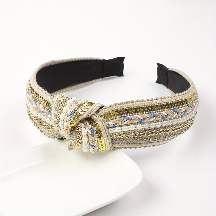 1pc Boho Style Sparkling Rhinestone Decorative Head Band Faux Pearl Knotted Head Hoop Non Slip Head Band For Women And daily use