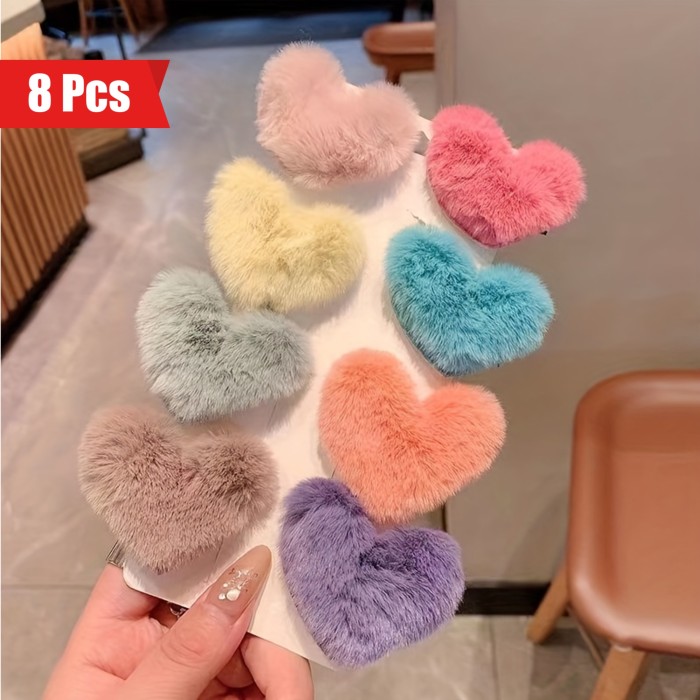 8 Pcs Cute Plush Heart Shaped Hair Clips, Sweet Decorative Hair Accessories For Women Autumn And Winter