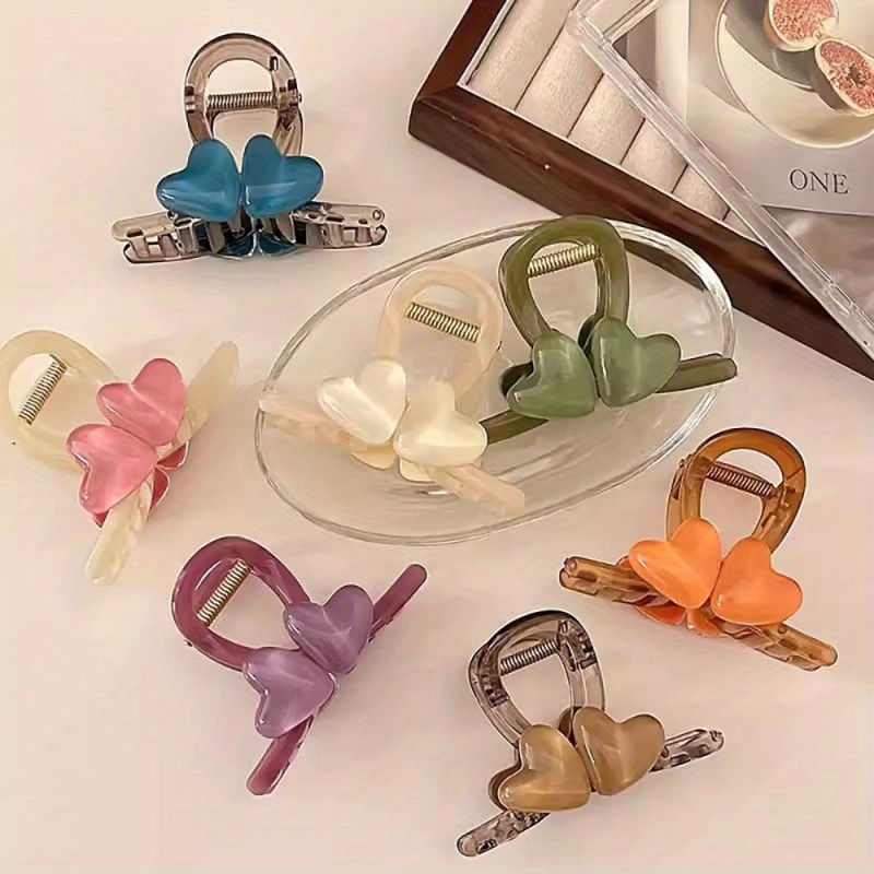 Elegant Love Heart Hair Claws for Women - Mixed Color Plastic Banana Clips - Strong Hold Small Claw Clips for Fine to Thick Hair - French Style Vintage Hair Accessories, Set of Multiple Shapes