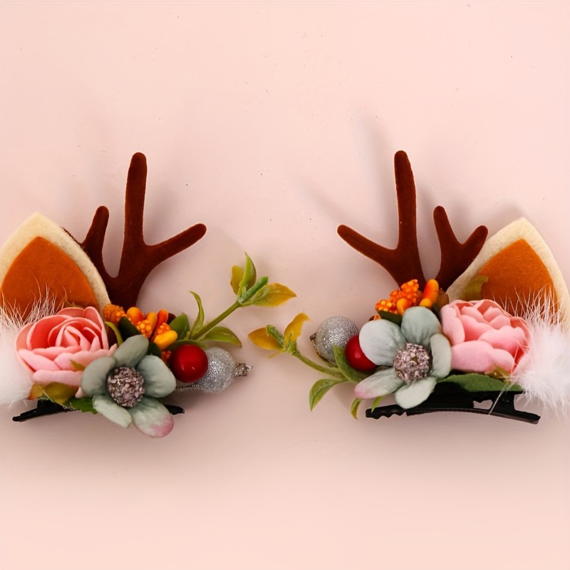 Christmas Reindeer Antlers Hair Clips, 2 Pcs Xmas Deer Horn Barrettes Hairpins With Flower Red Berry Holiday Cosplay Hair Accessories