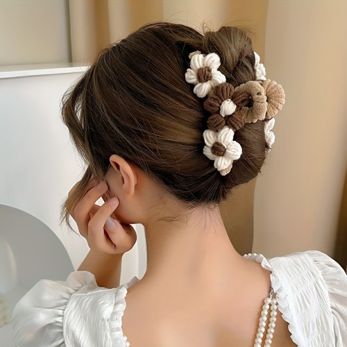 1pcs\u002F2pcs Vintage Flower Decor Hair Claw Clip, Autumn And Winter Knitted Shark Clip, Hair Accessories For Women Female