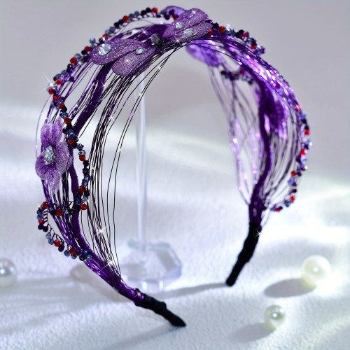 Elegant Purple Handcrafted Iron Alloy Headband with Flower and Butterfly Accents, Fashion Dress-up Hairband for Women, Wedding and Party Accessory - Single Piece A203