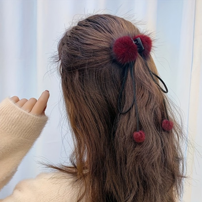 1pc Furry Ball Tassel Hair Claw Clip Black Bow Hair Jaw Clamp Non Slip Hair Clips Hair Grip Autumn Winter Hair Accessories For Women Female