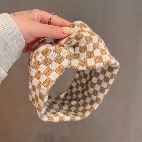 Checkerboard Pattern Fashion Hairband, Cross Knot Wide Headband For Washing Face, Makeup, Spa