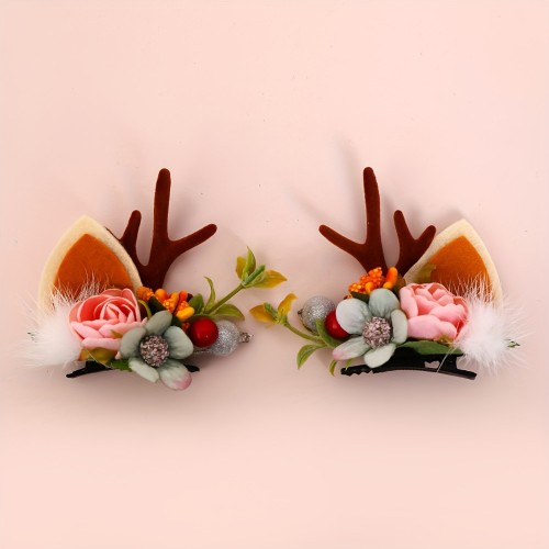 Christmas Reindeer Antlers Hair Clips, 2 Pcs Xmas Deer Horn Barrettes Hairpins With Flower Red Berry Holiday Cosplay Hair Accessories
