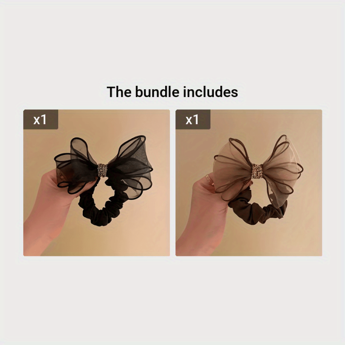 1pc Organza Rhinestone Bowknot Shape Hair Ring High Elastic Leather Band Elegant Trendy Head Rope Nylon Decorative Hair Accessories