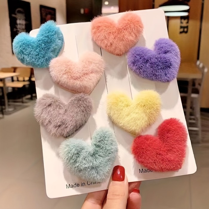 8 Pcs Cute Plush Heart Shaped Hair Clips, Sweet Decorative Hair Accessories For Women Autumn And Winter