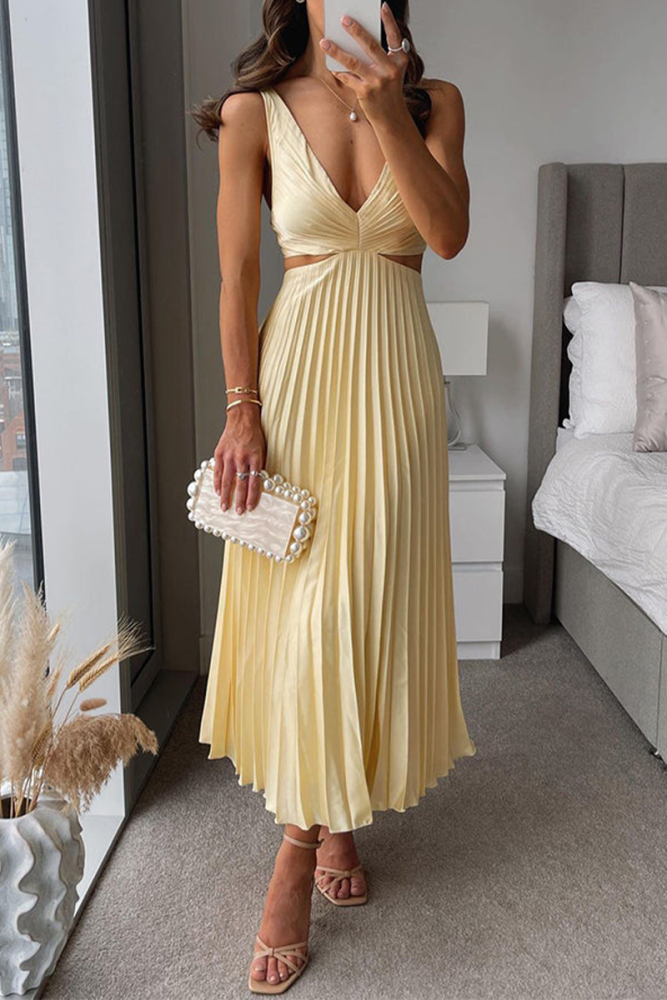 Women's Fashion Solid Color Pleated Hollow Loose Midi Dress