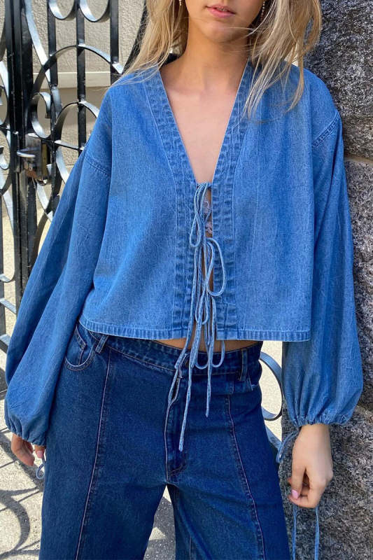 Casual Solid Color Lace Up V Neck Outerwear