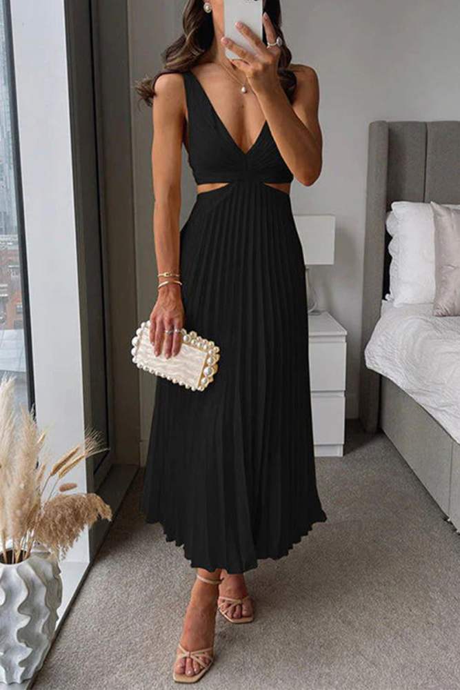 Women's Fashion Solid Color Pleated Hollow Loose Midi Dress