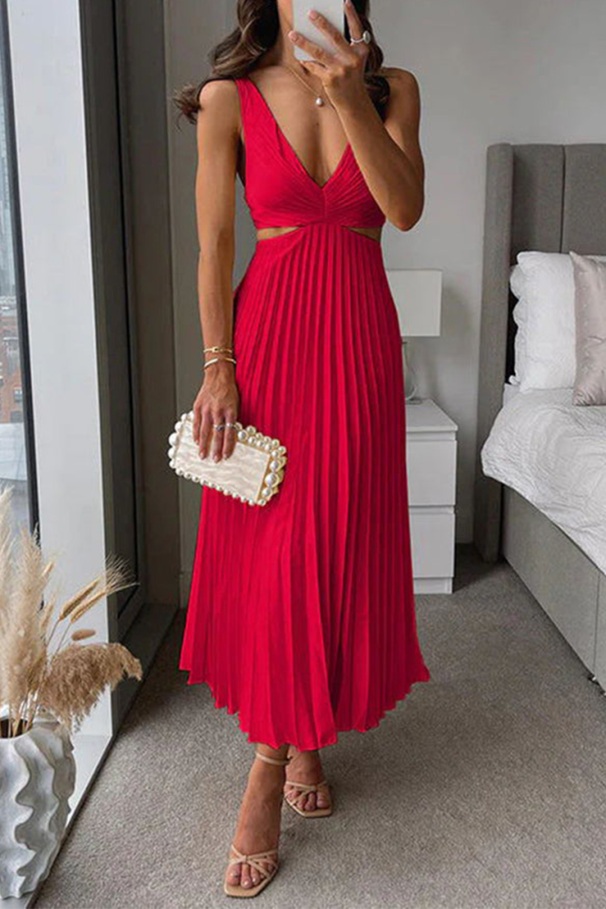 Women's Fashion Solid Color Pleated Hollow Loose Midi Dress