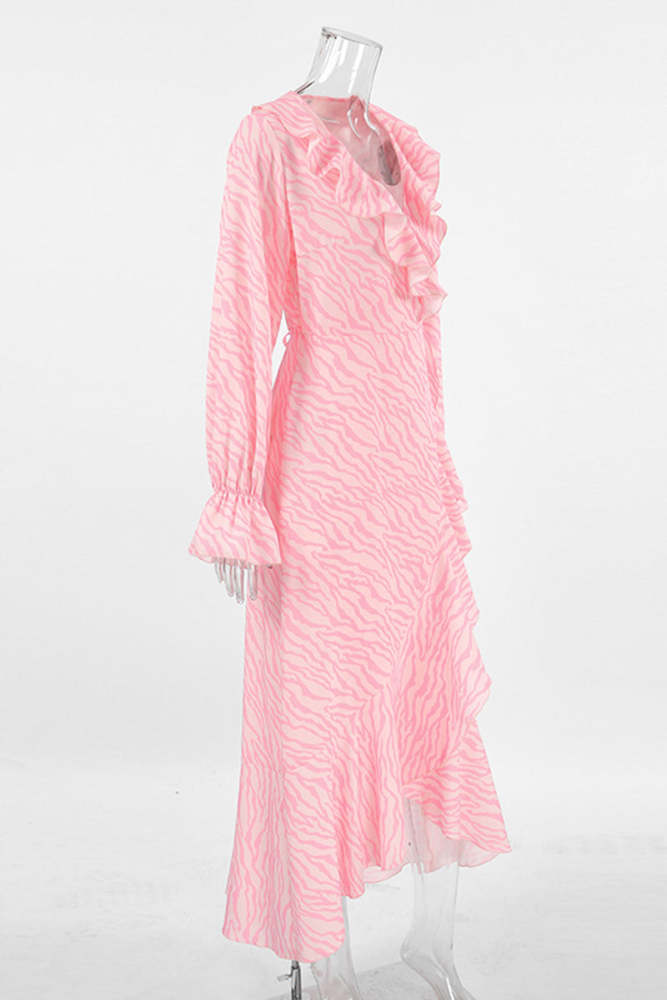 Elegant Zebra Print Lace Up Ruffle V Neck A Line Dresses