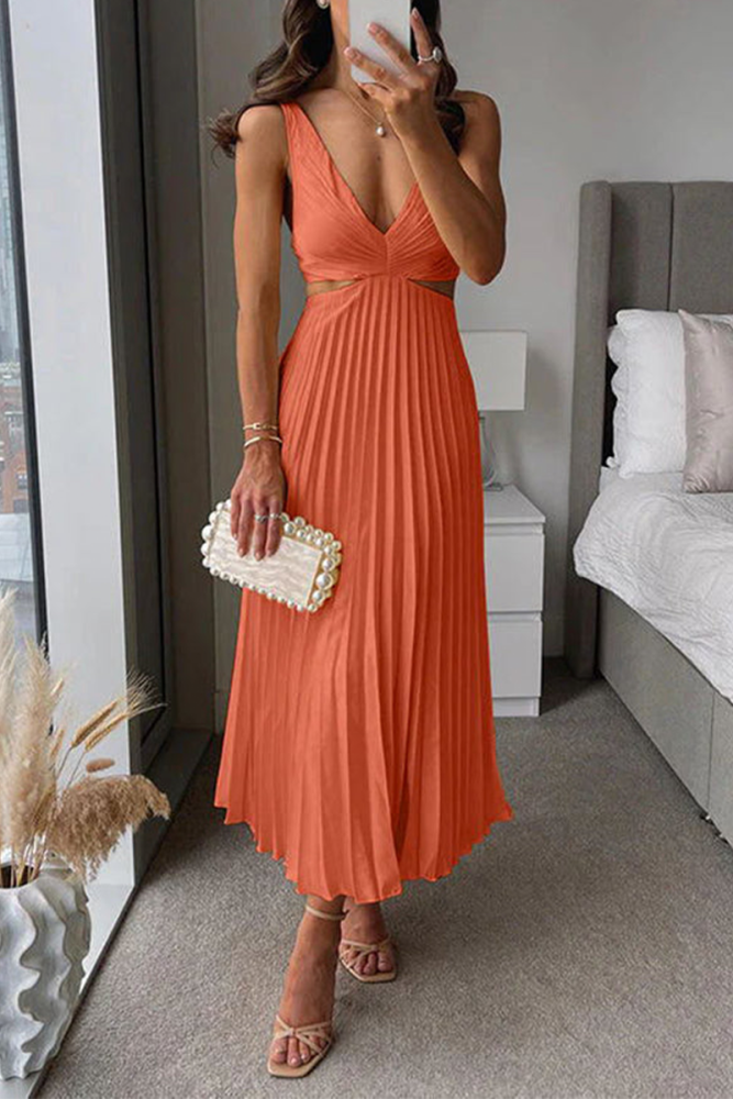 Women's Fashion Solid Color Pleated Hollow Loose Midi Dress