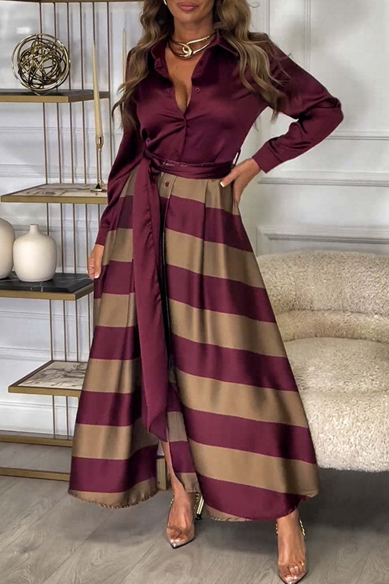 Casual Striped Print Lace Up Buttons Turndown Collar Shirt Dresses(5 Colors) main image 1