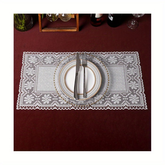 4PCS, White Lace Hollow Placemat, Dining Table Mat, Modern Minimalist Fabric Tableware Mat, Holiday Party Halloween Christmas Placemat, 30*60cm