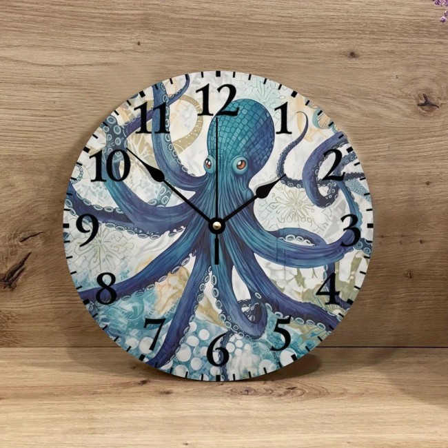 Wall Clock Battery Operated Non Ticking Ocean Beach Nautical Theme Underwater Octopus Rustic Wall Clocks Blue Texture Seascape Coastal Wall Decor For Restaurant Kitchen Garden, Unique Gift For Men, Women, Friend, Boss, Teacher, Home Or Office