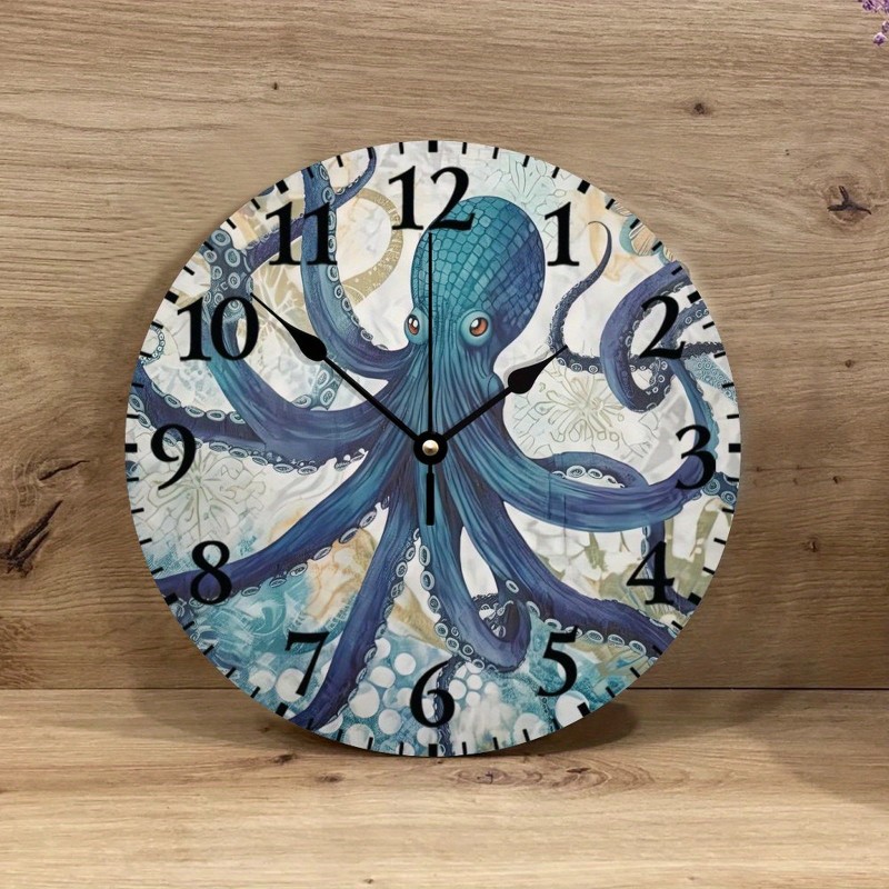 Wall Clock Battery Operated Non Ticking Ocean Beach Nautical Theme Underwater Octopus Rustic Wall Clocks Blue Texture Seascape Coastal Wall Decor For Restaurant Kitchen Garden, Unique Gift For Men, Women, Friend, Boss, Teacher, Home Or Office