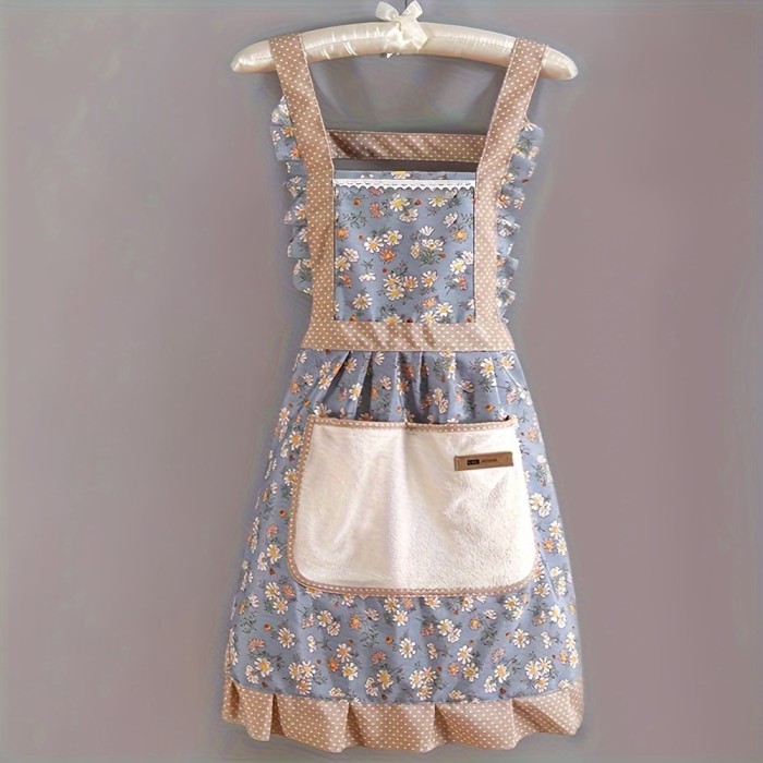 1pc, Cute Strap Canvas Apron, Breathable Floral Apron With Hood, Waterproof And Oil-resistant Breathable Workwear Waist Apron, Restaurant Waiter Work Clothes, Stain Resistant Restaurant Chef Apron Overalls, Kitchen Supplies