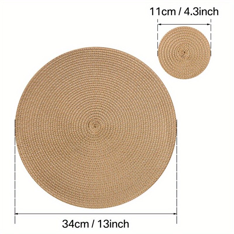 Round Braided Woven Place Mats and Coasters Set of 12 Washable Heat Resistant Table Mats for Kitchen Dining Table Home Restaurant Christmas Wedding Party Decor