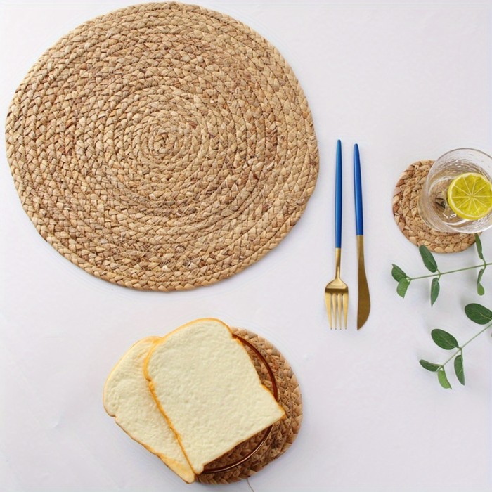 4Pcs Round Woven Placemats For Dining Table, Water Hyacinth Straw Braided Placemat, Heat Resistant Non-Slip Weave Placemats Handmade