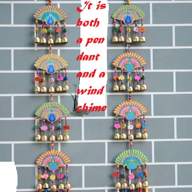 20 Long Bells Double-sided 4-layer Painted Wood BoardHandmade Decorative Ornaments Ethnic Style Painted Wood Board Peacock Bell Ornaments Home Interior Living Room Wall Decoration Pendants