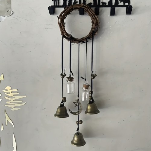 Rustic Witch Bells Door Hanger, 13.78-15.75 Inches Protective Handmade Wicker Wind Chimes, Iron And Crystal Home Blessing Decor, Farmhouse Style For Indoors & Entryway