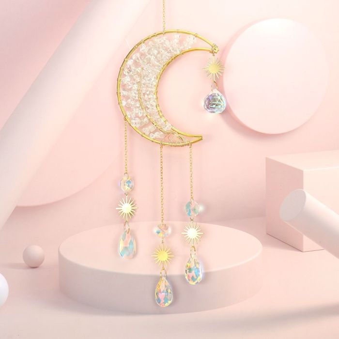1PC hand-wound natural crystal gravel tree of Life Moon Sun catcher pendant wind chime decorative pendant