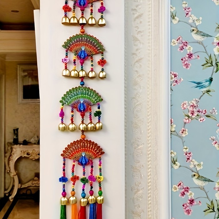 20 Long Bells Double-sided 4-layer Painted Wood BoardHandmade Decorative Ornaments Ethnic Style Painted Wood Board Peacock Bell Ornaments Home Interior Living Room Wall Decoration Pendants