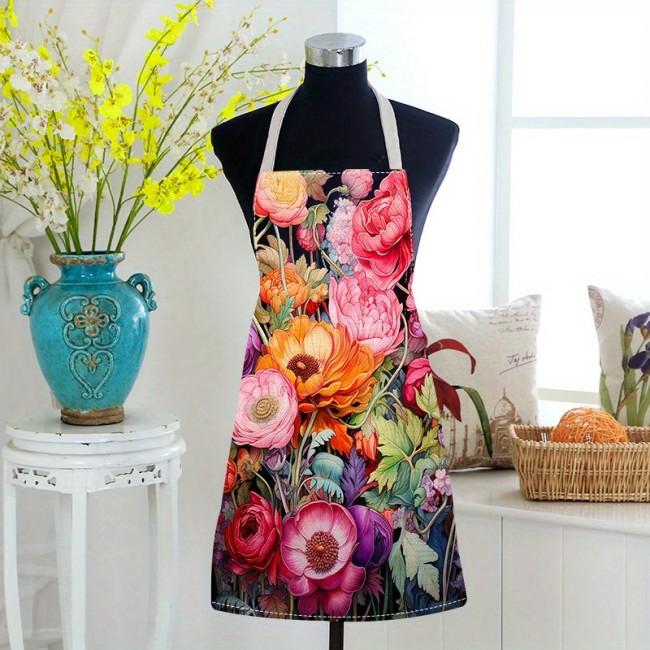 1pc Unique Floral Print Linen Apron - Stylish & Durable for Cooking, Parties, and Kitchen Use - Oil & Stain Resistant, Perfect for Men & Women