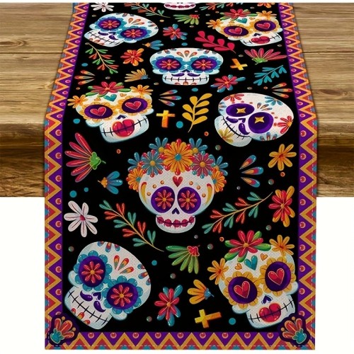 Day Of The Dead Table Runner Sugar Skull Dia De Los Muertos Mexican Festival Holiday Kitchen Dinning Room Home Decoration