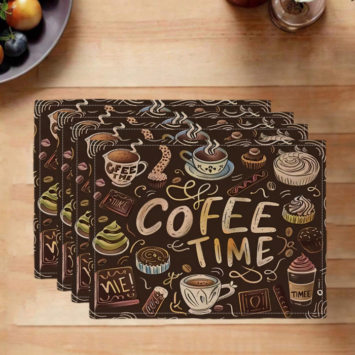 4Pcs Coffee Time Pattern Placemat, Linen Kitchen Placemat, Household Kitchenware, Banquet Dining Decoration, Fashion Placemat