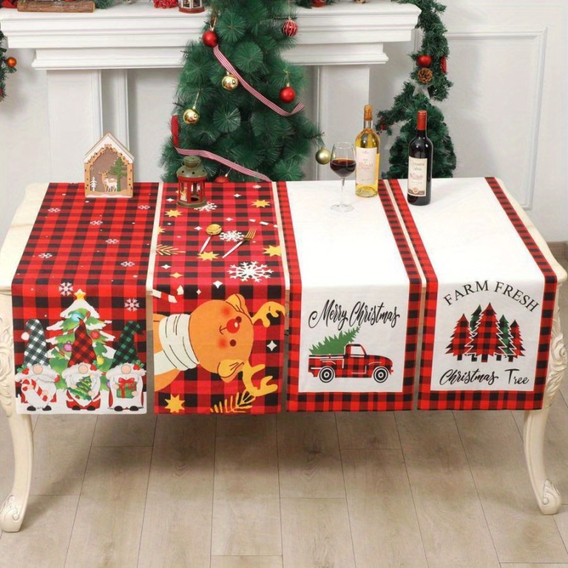 70Inches Christmas Table Runner Gnomes\u002FSanta\u002FTree\u002FCars Kitchen Dining Table Runner for Holiday Farmhouse Home Party Decoration