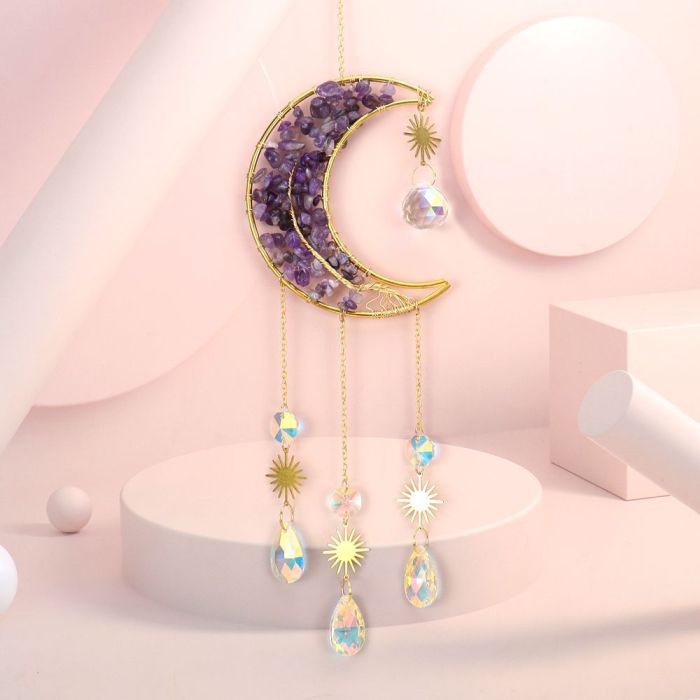 1PC hand-wound natural crystal gravel tree of Life Moon Sun catcher pendant wind chime decorative pendant