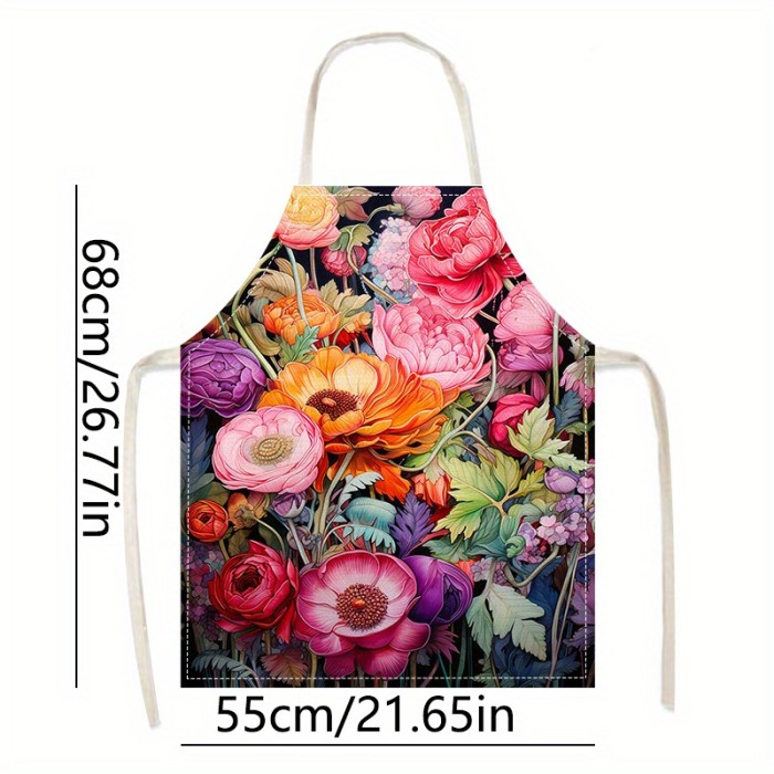 1pc Unique Floral Print Linen Apron - Stylish & Durable for Cooking, Parties, and Kitchen Use - Oil & Stain Resistant, Perfect for Men & Women