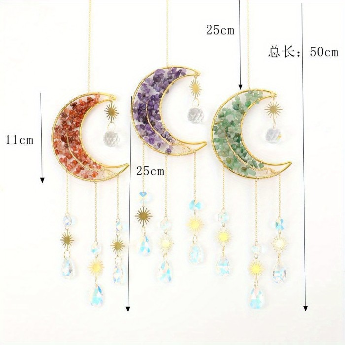 1PC hand-wound natural crystal gravel tree of Life Moon Sun catcher pendant wind chime decorative pendant