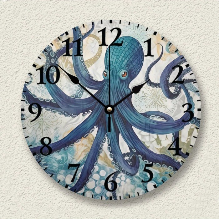 Wall Clock Battery Operated Non Ticking Ocean Beach Nautical Theme Underwater Octopus Rustic Wall Clocks Blue Texture Seascape Coastal Wall Decor For Restaurant Kitchen Garden, Unique Gift For Men, Women, Friend, Boss, Teacher, Home Or Office