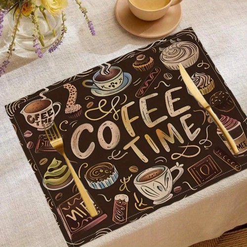 4Pcs Coffee Time Pattern Placemat, Linen Kitchen Placemat, Household Kitchenware, Banquet Dining Decoration, Fashion Placemat