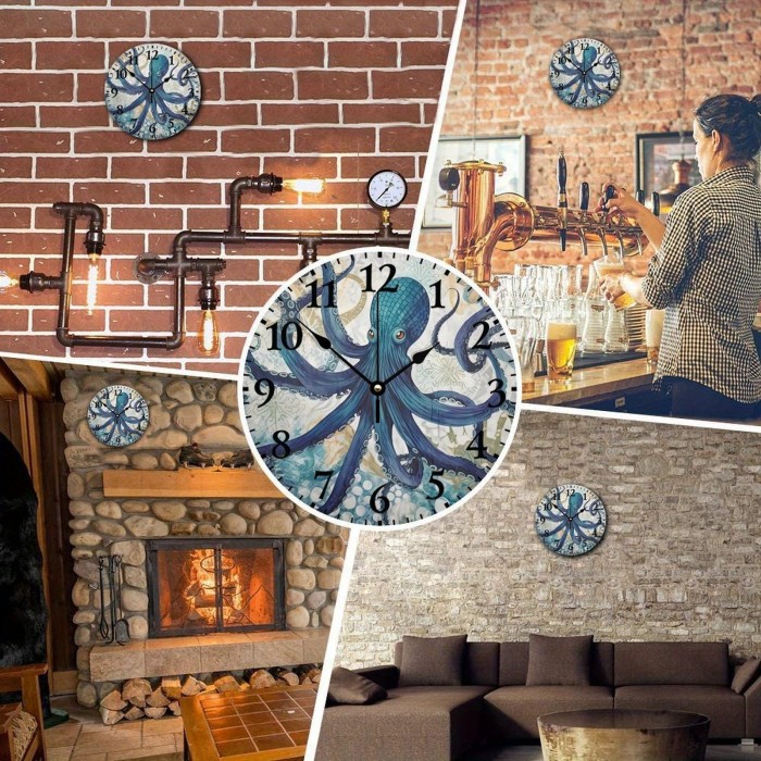 Wall Clock Battery Operated Non Ticking Ocean Beach Nautical Theme Underwater Octopus Rustic Wall Clocks Blue Texture Seascape Coastal Wall Decor For Restaurant Kitchen Garden, Unique Gift For Men, Women, Friend, Boss, Teacher, Home Or Office