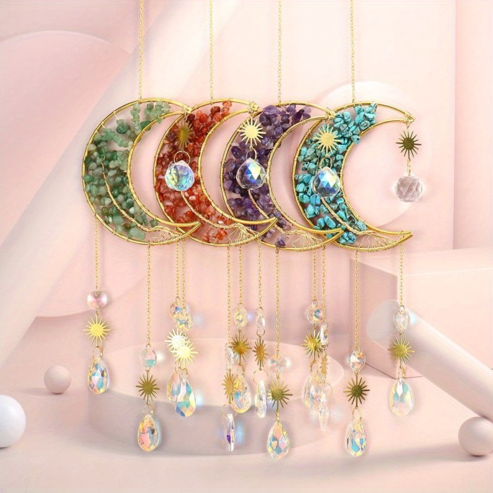 1PC hand-wound natural crystal gravel tree of Life Moon Sun catcher pendant wind chime decorative pendant