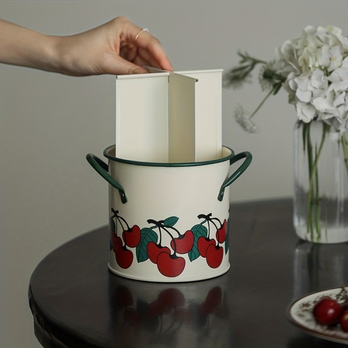 1pc, Vintage Cherry Tableware Bucket, Household Kitchen Chopsticks Cage, Knife And Fork Storage Bucket, Creative Inner Divider Drain Basket Rack, Kitchen Tools, Kitchen Accessories